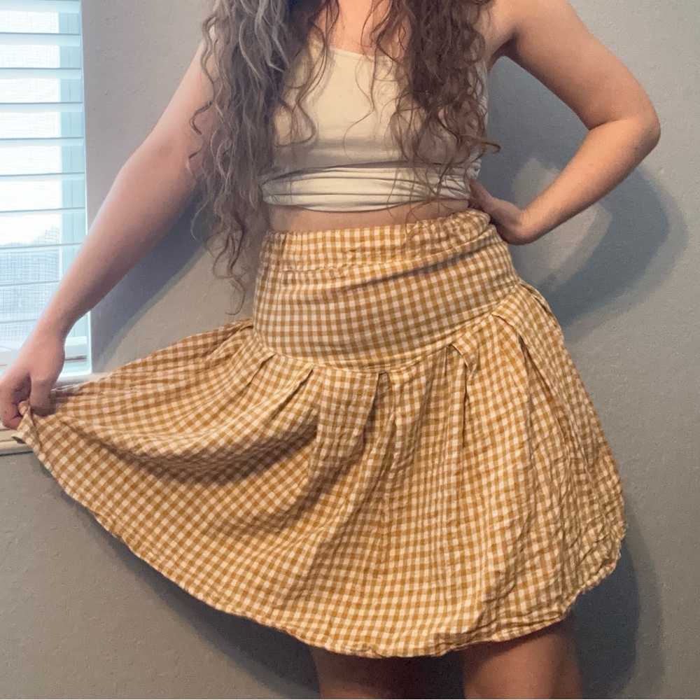Yellow White Gingham Short Mini Yoke Skirt Flowy Plaid Flare Women's Size Small